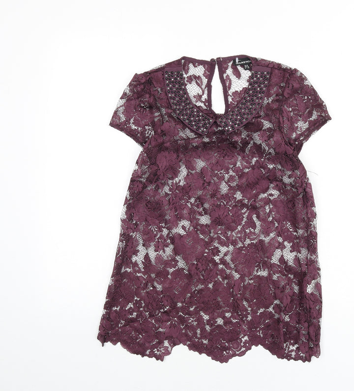 Warehouse Womens Purple Polyester Basic T-Shirt Size 8 Collared - Beaded Detail