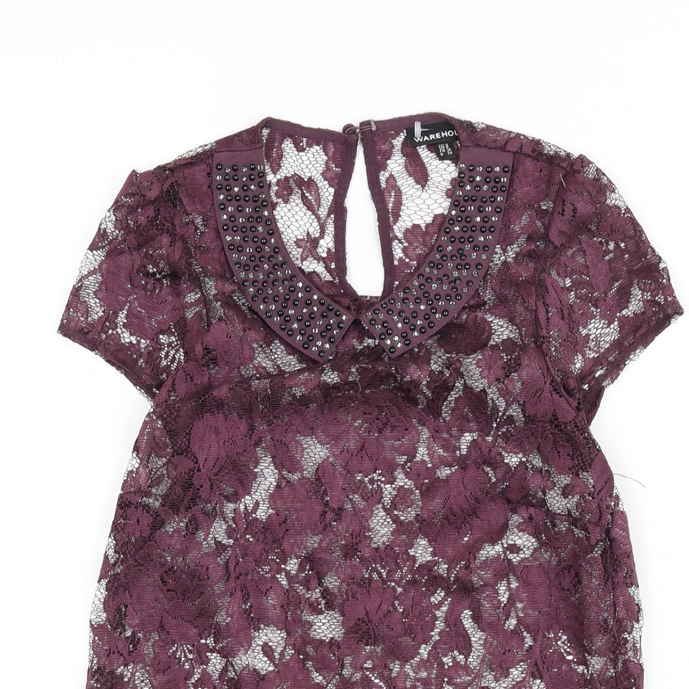 Warehouse Womens Purple Polyester Basic T-Shirt Size 8 Collared - Beaded Detail
