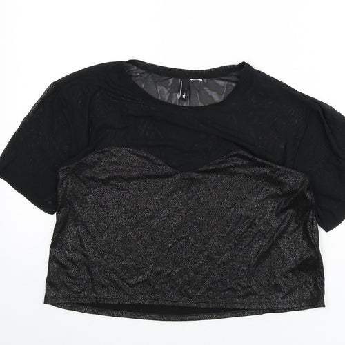 Divided by H&M Womens Black Polyamide Cropped T-Shirt Size S Round Neck - Sparkle