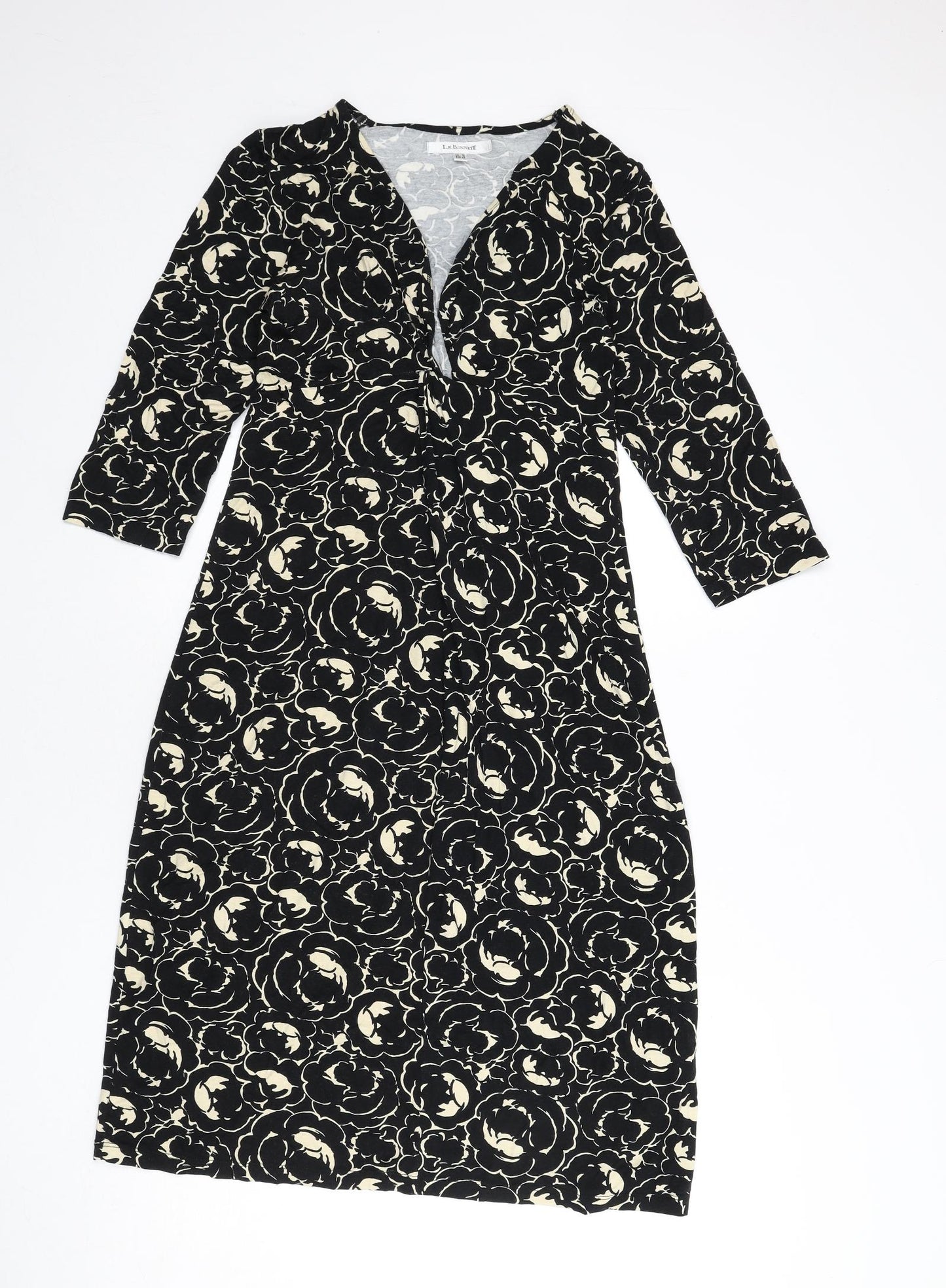 L.K. Bennett Womens Black Floral Viscose A-Line Size 12 V-Neck Pullover