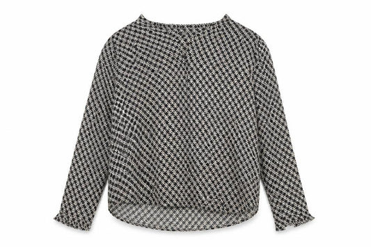 Front view of H&M women’s grey geometric polyester basic blouse, size UK 12, v-neck