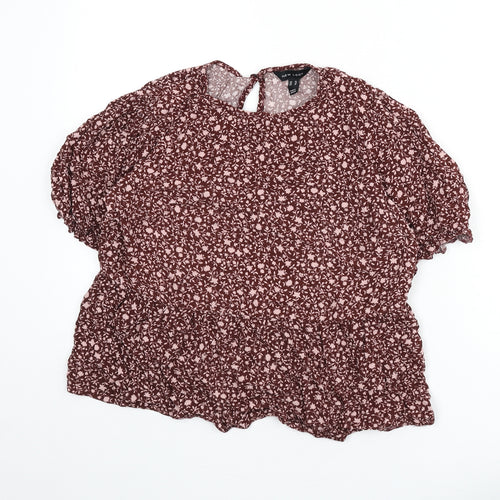 New London Womens Red Floral Viscose Cropped Blouse Size 14 Round Neck