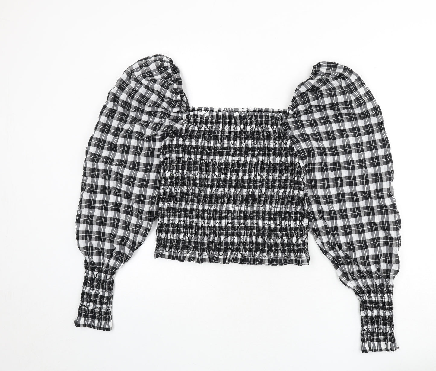 H&M Womens Grey Plaid Cotton Cropped Blouse Size M Square Neck - Shirred