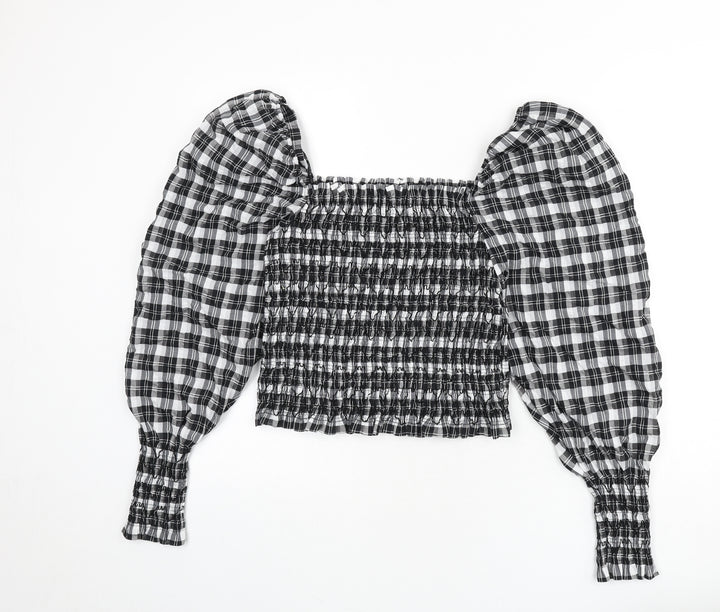 H&M Womens Grey Plaid Cotton Cropped Blouse Size M Square Neck - Shirred