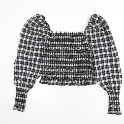 H&M Womens Grey Plaid Cotton Cropped Blouse Size M Square Neck - Shirred