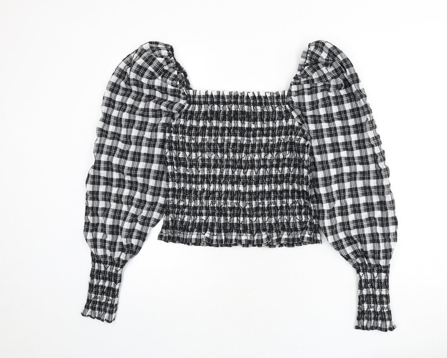 H&M Womens Grey Plaid Cotton Cropped Blouse Size M Square Neck - Shirred