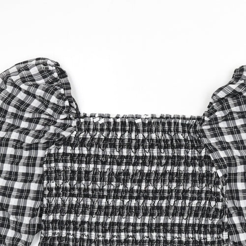 H&M Womens Grey Plaid Cotton Cropped Blouse Size M Square Neck - Shirred