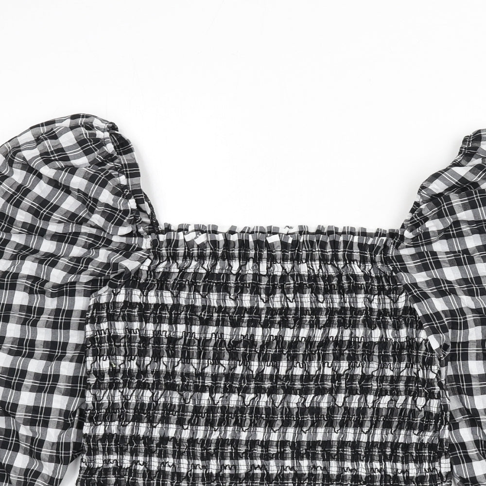 H&M Womens Grey Plaid Cotton Cropped Blouse Size M Square Neck - Shirred