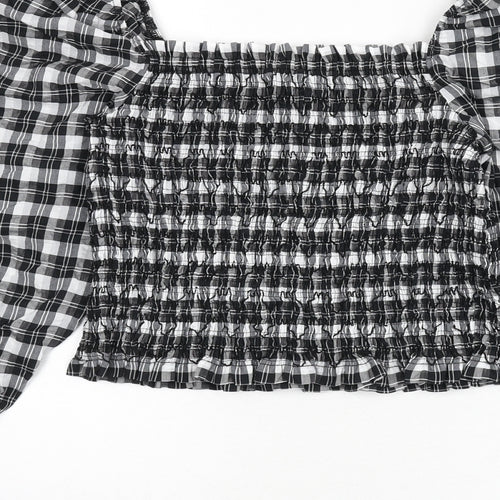 H&M Womens Grey Plaid Cotton Cropped Blouse Size M Square Neck - Shirred
