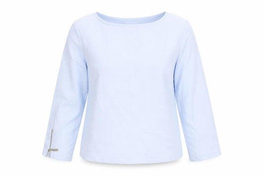 Front view of River Island women’s blue polyester basic blouse, size UK 6, round neck - zip sleeves