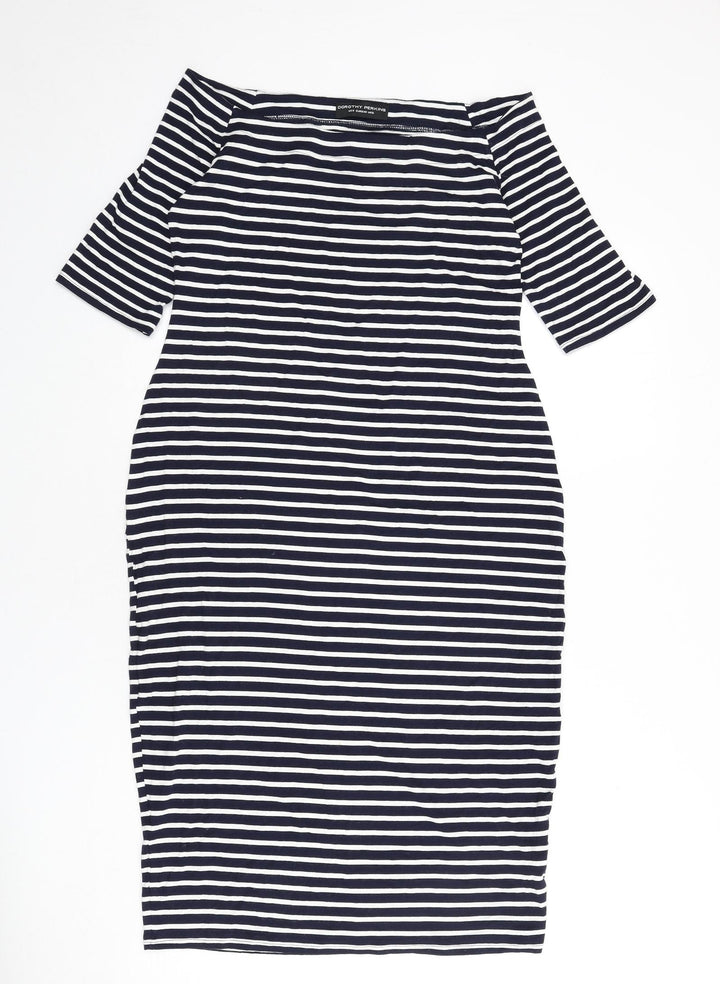 BLU Womens Blue Striped Viscose Bodycon Size 12 Off the Shoulder Pullover
