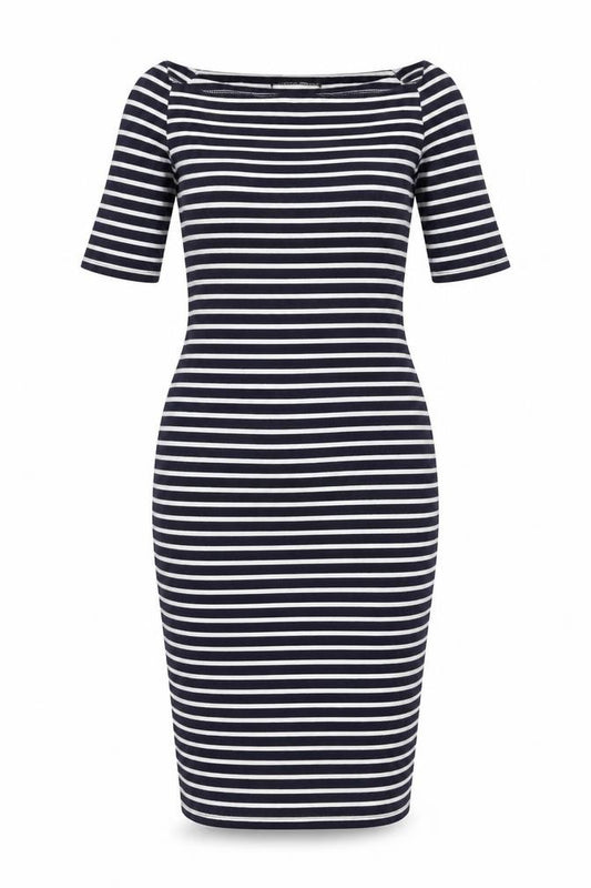 Front view of BLU women’s blue striped viscose bodycon, size UK 12, off the shoulder pullover