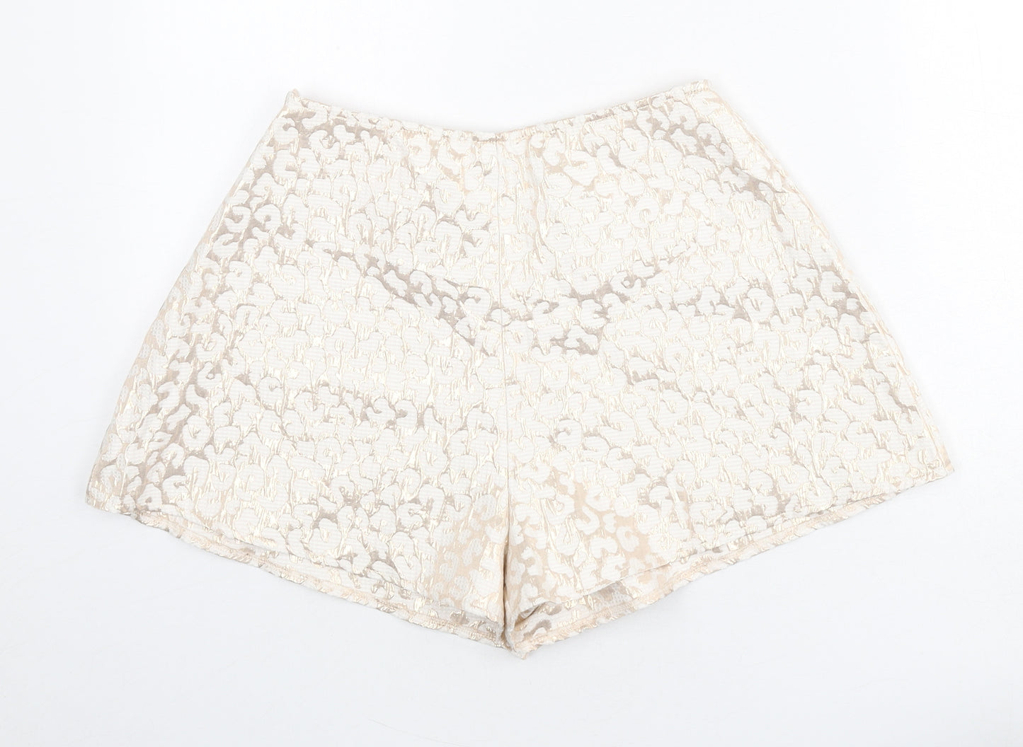 PRETTYLITTLETHING Womens Gold Animal Print Polyester Basic Shorts Size 10 Regular Zip - Leopard Print