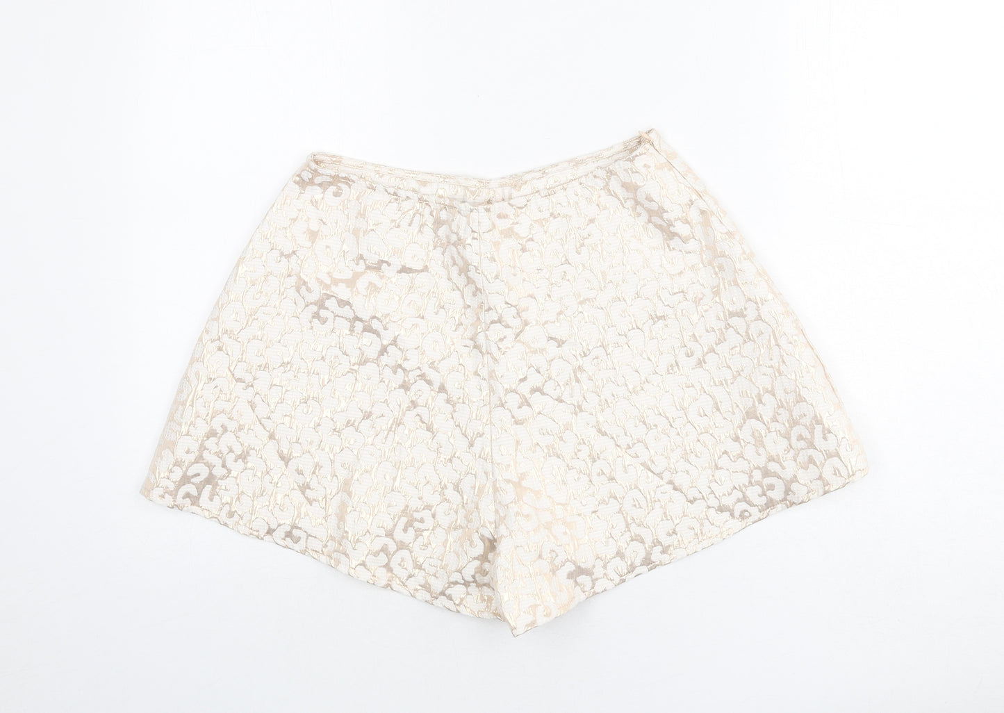 PRETTYLITTLETHING Womens Gold Animal Print Polyester Basic Shorts Size 10 Regular Zip - Leopard Print