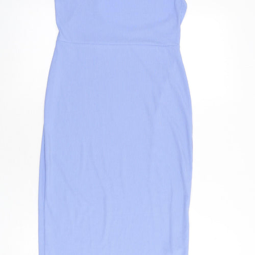 PRETTYLITTLETHING Womens Blue Polyester Bodycon Size 10 One Shoulder Pullover - Cut Out Back Detail, Ribbed