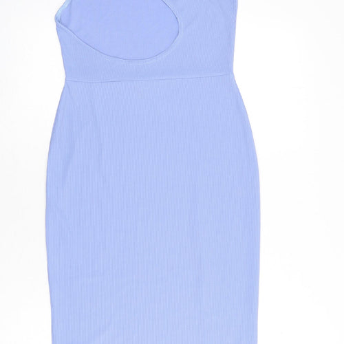PRETTYLITTLETHING Womens Blue Polyester Bodycon Size 10 One Shoulder Pullover - Cut Out Back Detail, Ribbed