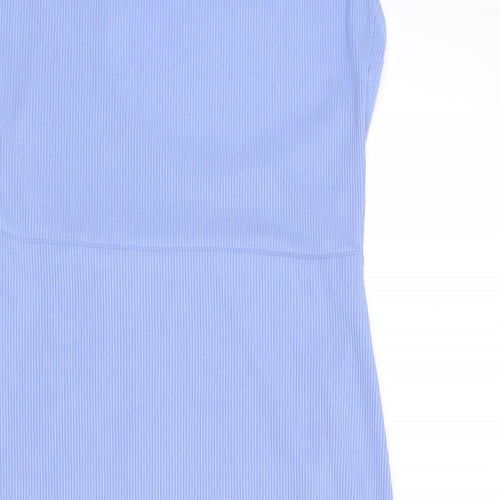 PRETTYLITTLETHING Womens Blue Polyester Bodycon Size 10 One Shoulder Pullover - Cut Out Back Detail, Ribbed