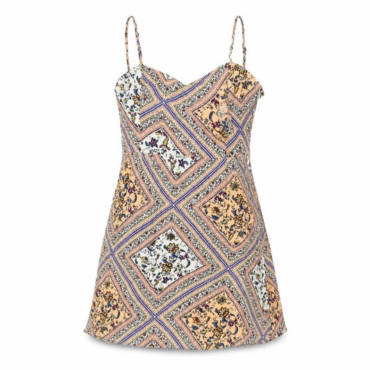 Front view of H&M women’s multicoloured geometric viscose mini, size UK 10, scoop neck pullover