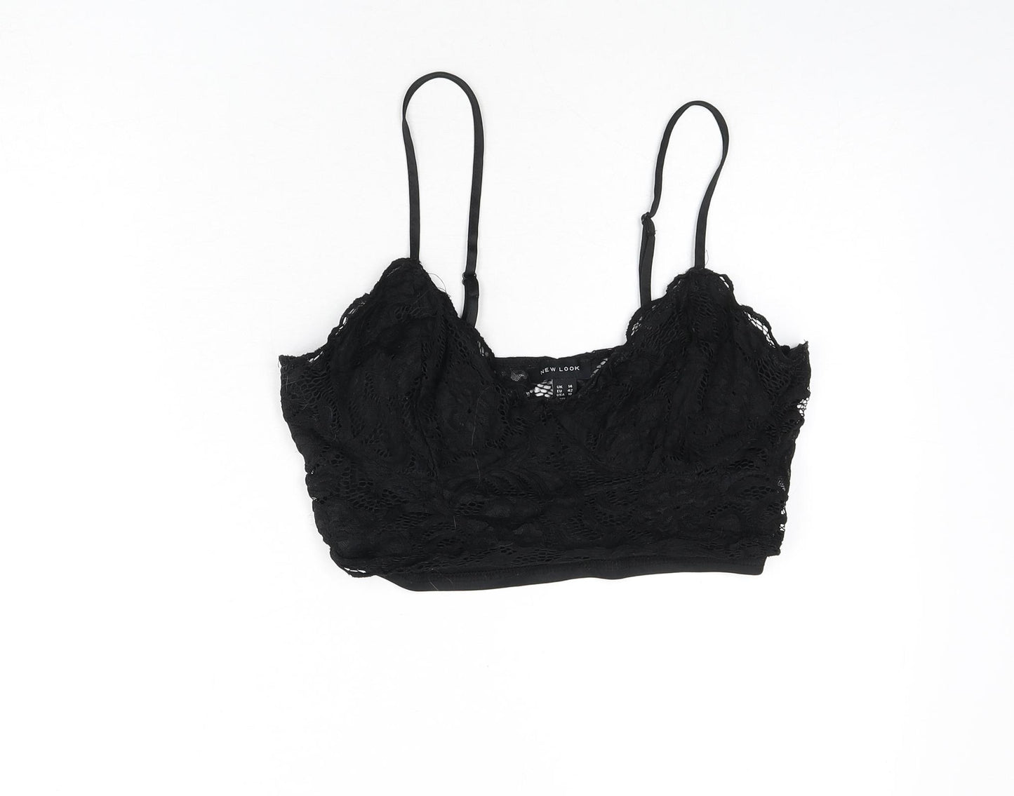 New Look Womens Black Geometric Nylon Camisole T-Shirt Size 14 V-Neck - Lace Overlay, Cropped