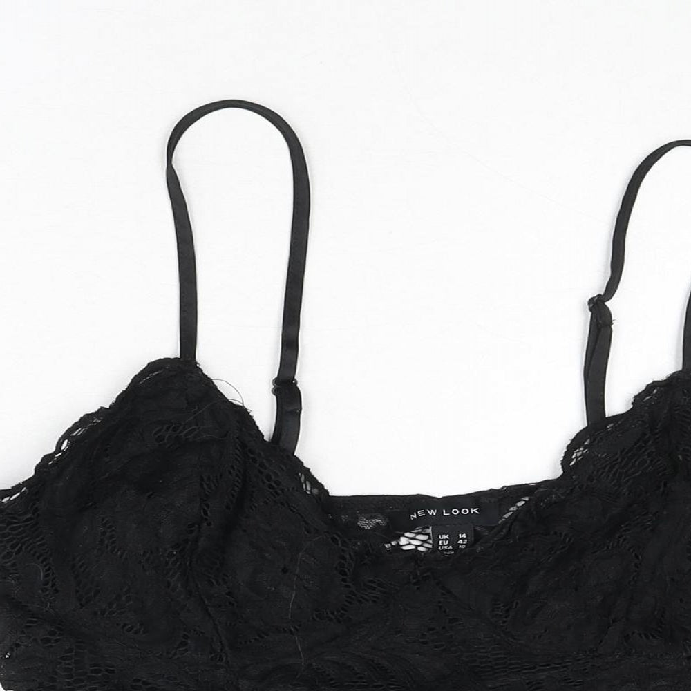 New Look Womens Black Geometric Nylon Camisole T-Shirt Size 14 V-Neck - Lace Overlay, Cropped
