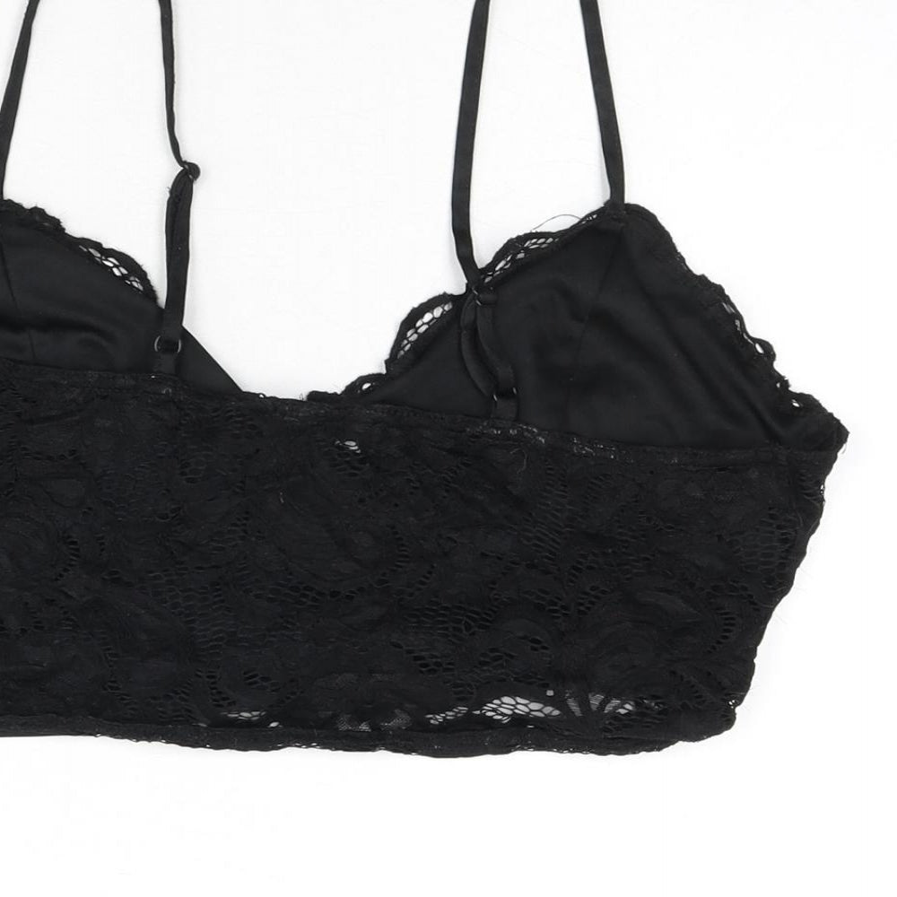 New Look Womens Black Geometric Nylon Camisole T-Shirt Size 14 V-Neck - Lace Overlay, Cropped
