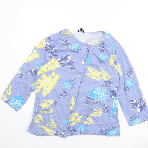 Eureco Womens Blue Floral 100% Cotton Basic Button-Up Size 14 Round Neck