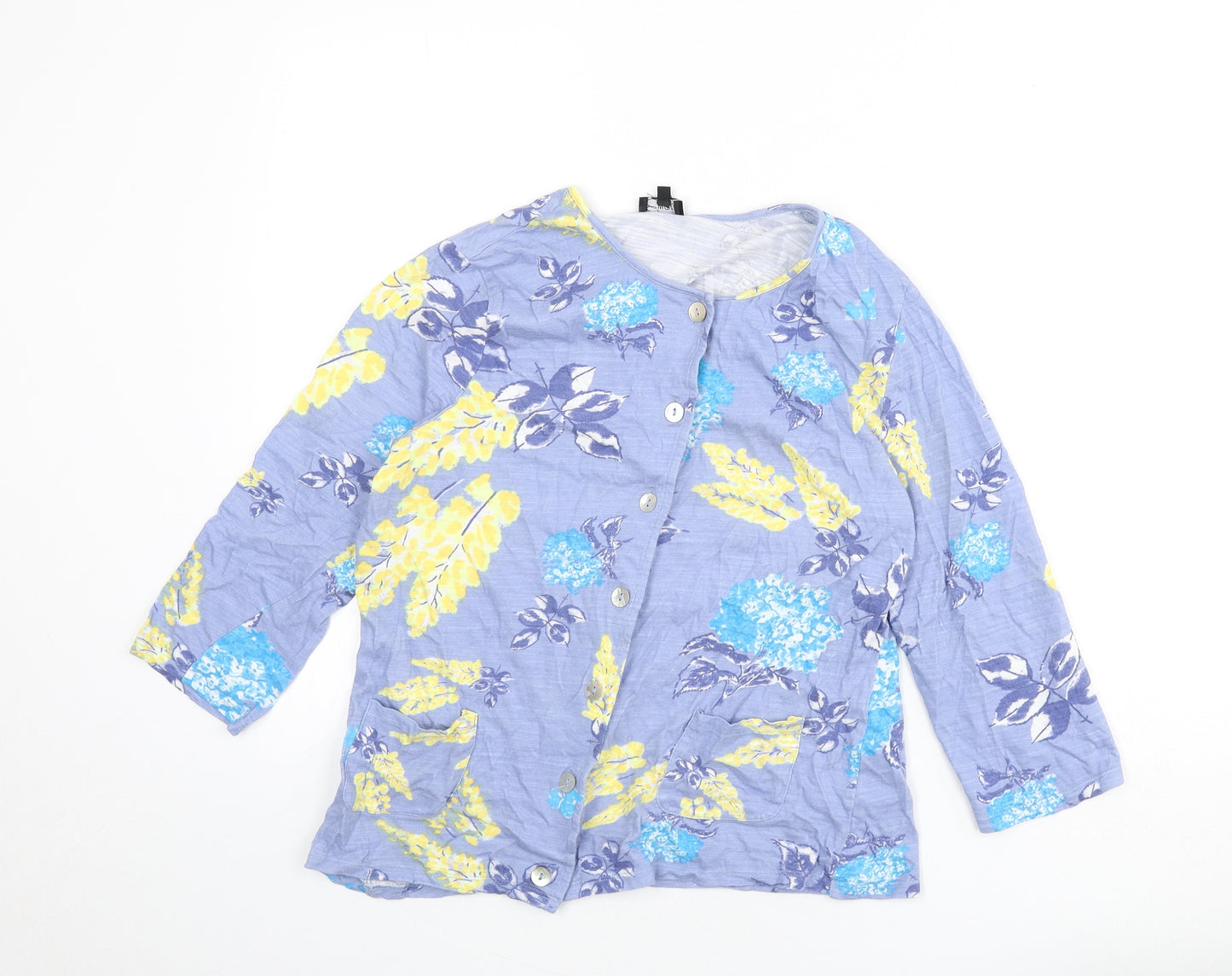 Eureco Womens Blue Floral 100% Cotton Basic Button-Up Size 14 Round Neck