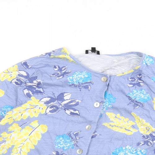 Eureco Womens Blue Floral 100% Cotton Basic Button-Up Size 14 Round Neck