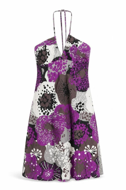 Front view of H&M women’s multicoloured geometric 100% cotton a-line, size UK 10, halter zip
