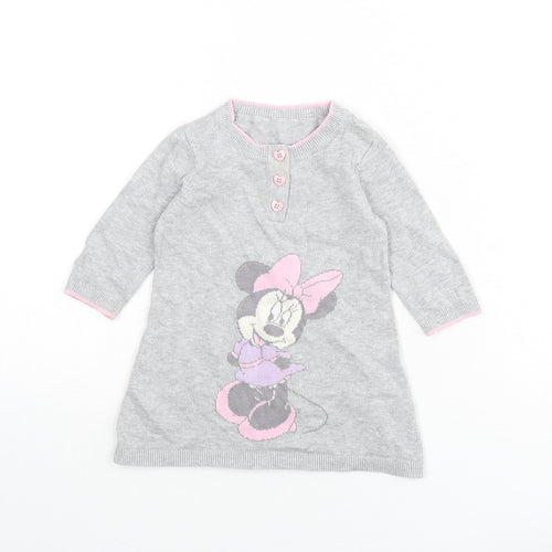 Disney Girls Grey 100% Cotton Jumper Dress Size 3-6 Months Round Neck Button - Minnie Mouse