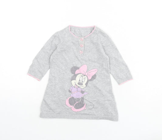 Front view of Disney girls’ grey 100% cotton jumper dress, size 3-6, months round neck button - minnie mouse
