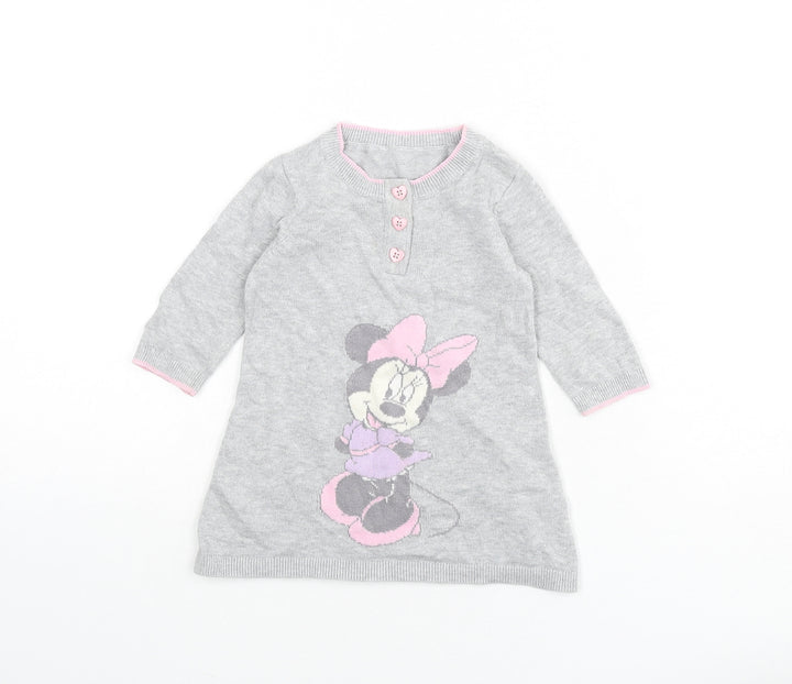 Disney Girls Grey 100% Cotton Jumper Dress Size 3-6 Months Round Neck Button - Minnie Mouse