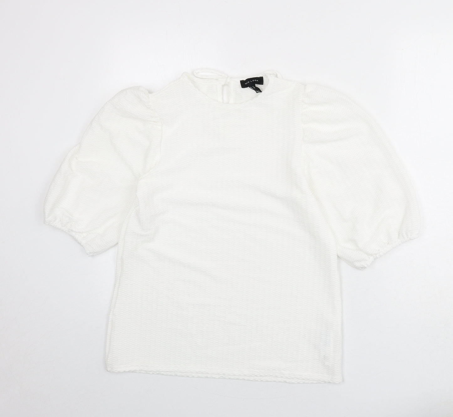 New Look Womens White Geometric Polyester Basic Blouse Size 8 Round Neck - Balloon Sleeves