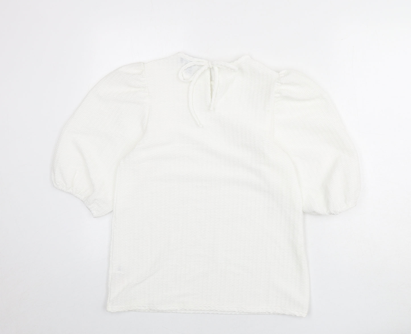 New Look Womens White Geometric Polyester Basic Blouse Size 8 Round Neck - Balloon Sleeves