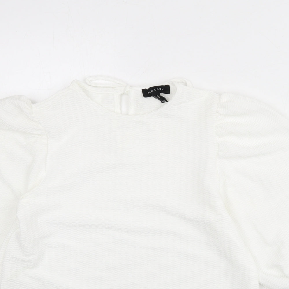 New Look Womens White Geometric Polyester Basic Blouse Size 8 Round Neck - Balloon Sleeves