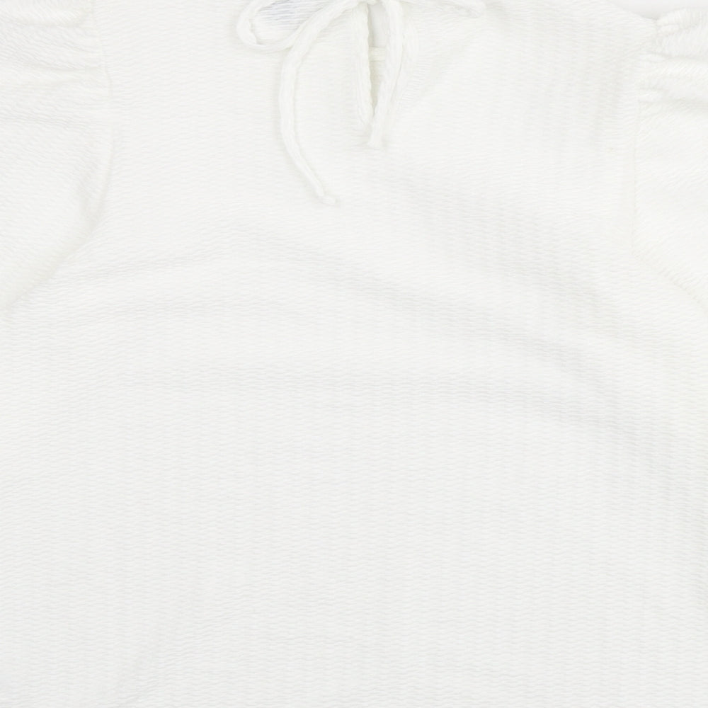 New Look Womens White Geometric Polyester Basic Blouse Size 8 Round Neck - Balloon Sleeves