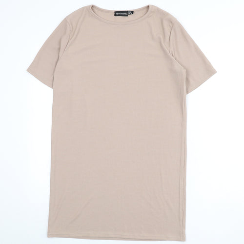 PRETTYLITTLETHING Womens Beige Polyester T-Shirt Dress Size 10 Round Neck Pullover - Ribbed
