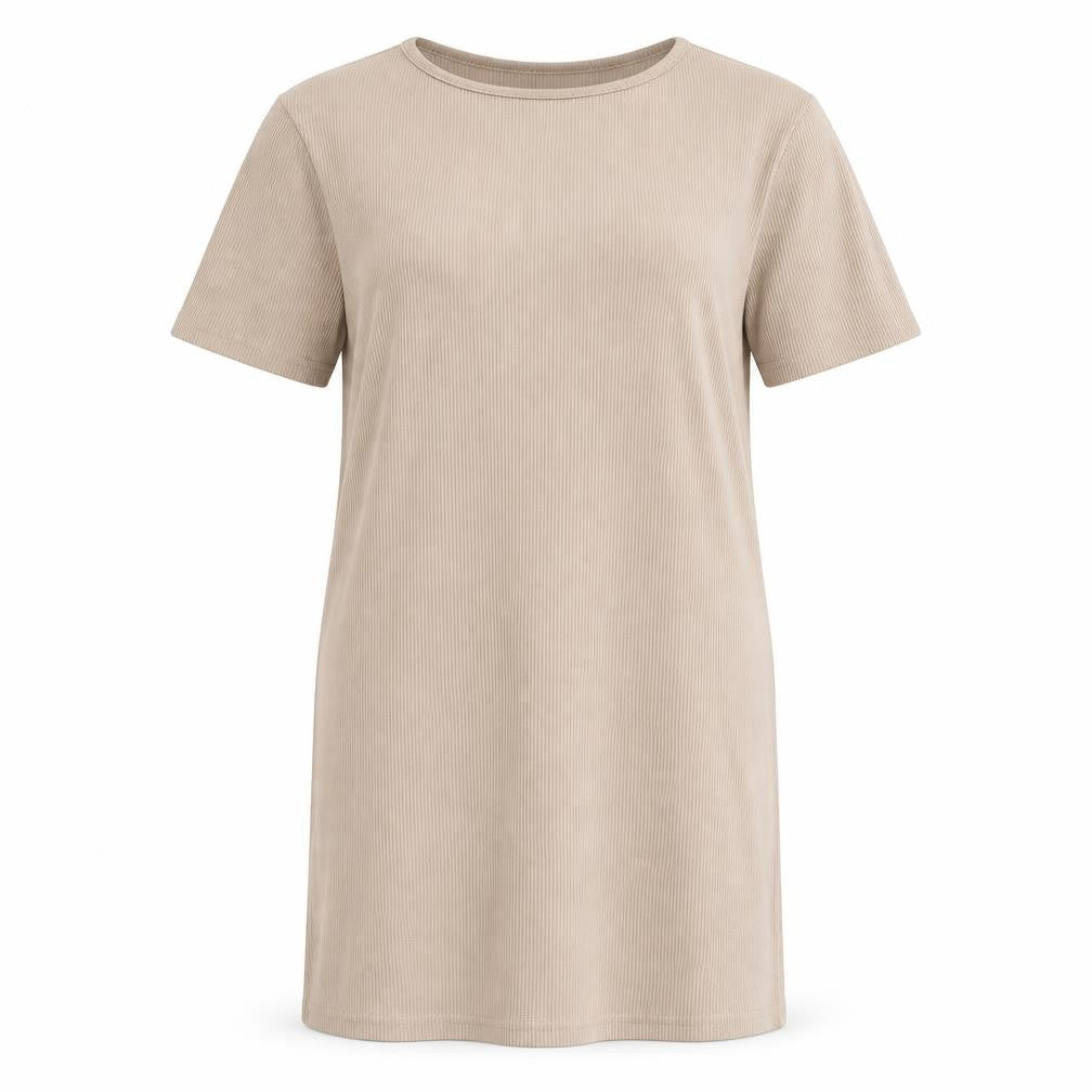 Front view of PRETTYLITTLETHING women’s beige polyester t-shirt dress, size UK 10, round neck pullover - ribbed