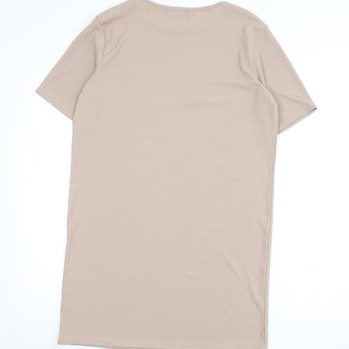PRETTYLITTLETHING Womens Beige Polyester T-Shirt Dress Size 10 Round Neck Pullover - Ribbed
