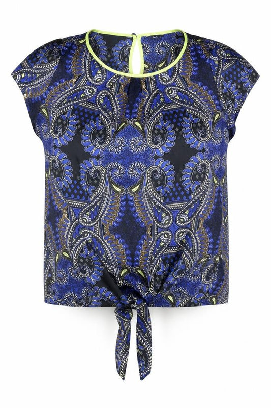 Front view of M&Co women’s multicoloured paisley polyester basic blouse, size UK 16, round neck - tie front