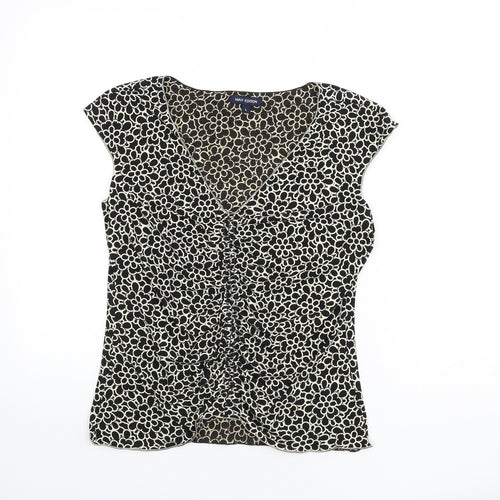 Max Edition Womens Black Floral Polyester Basic T-Shirt Size L V-Neck