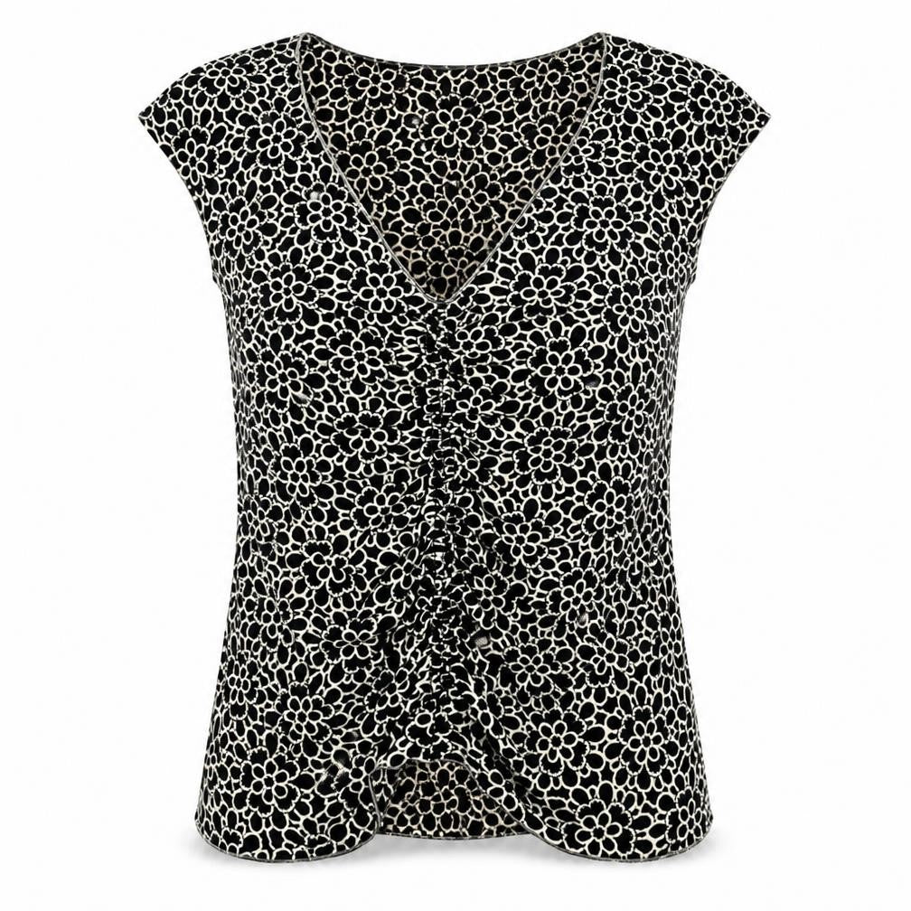 Front view of Max Edition women’s black floral polyester basic t-shirt, size L, v-neck