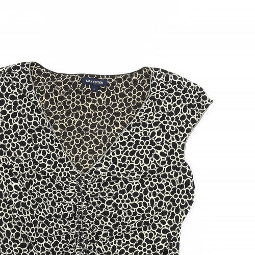 Max Edition Womens Black Floral Polyester Basic T-Shirt Size L V-Neck