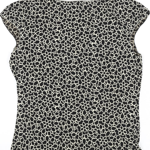 Max Edition Womens Black Floral Polyester Basic T-Shirt Size L V-Neck