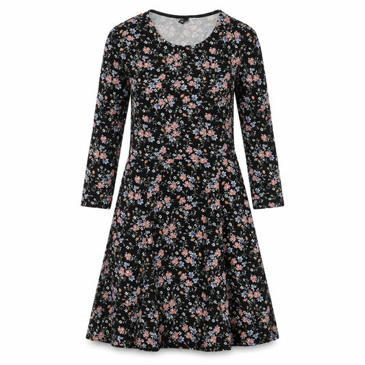 Front view of Divided by H&M women’s black floral polyester a-line, size UK 10, round neck pullover