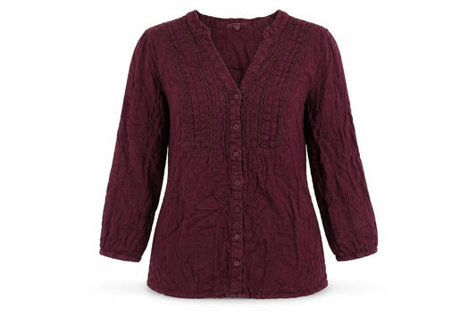 Front view of Debenhams women’s purple 100% cotton basic button-up, size UK 10, v-neck - tie detail