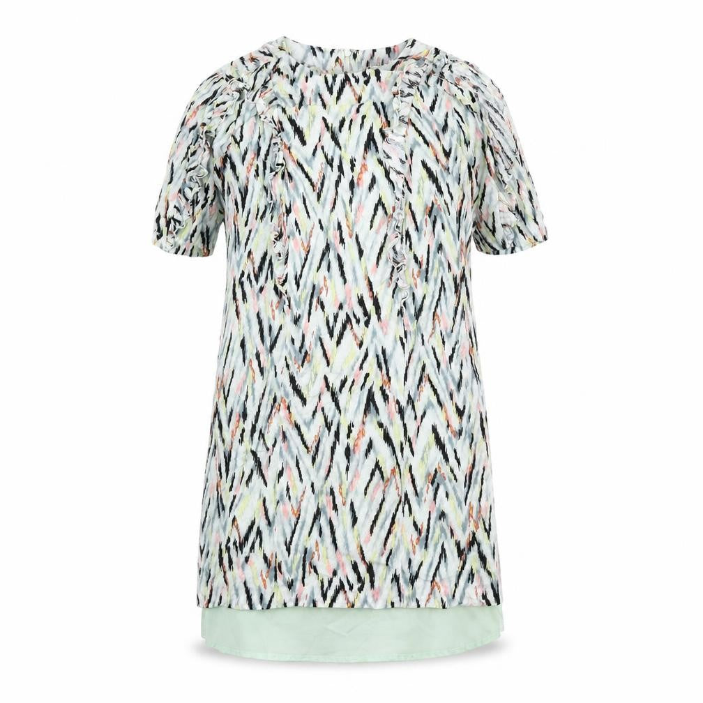 Front view of Warehouse women’s multicoloured geometric viscose sheath, size UK 10, round neck zip