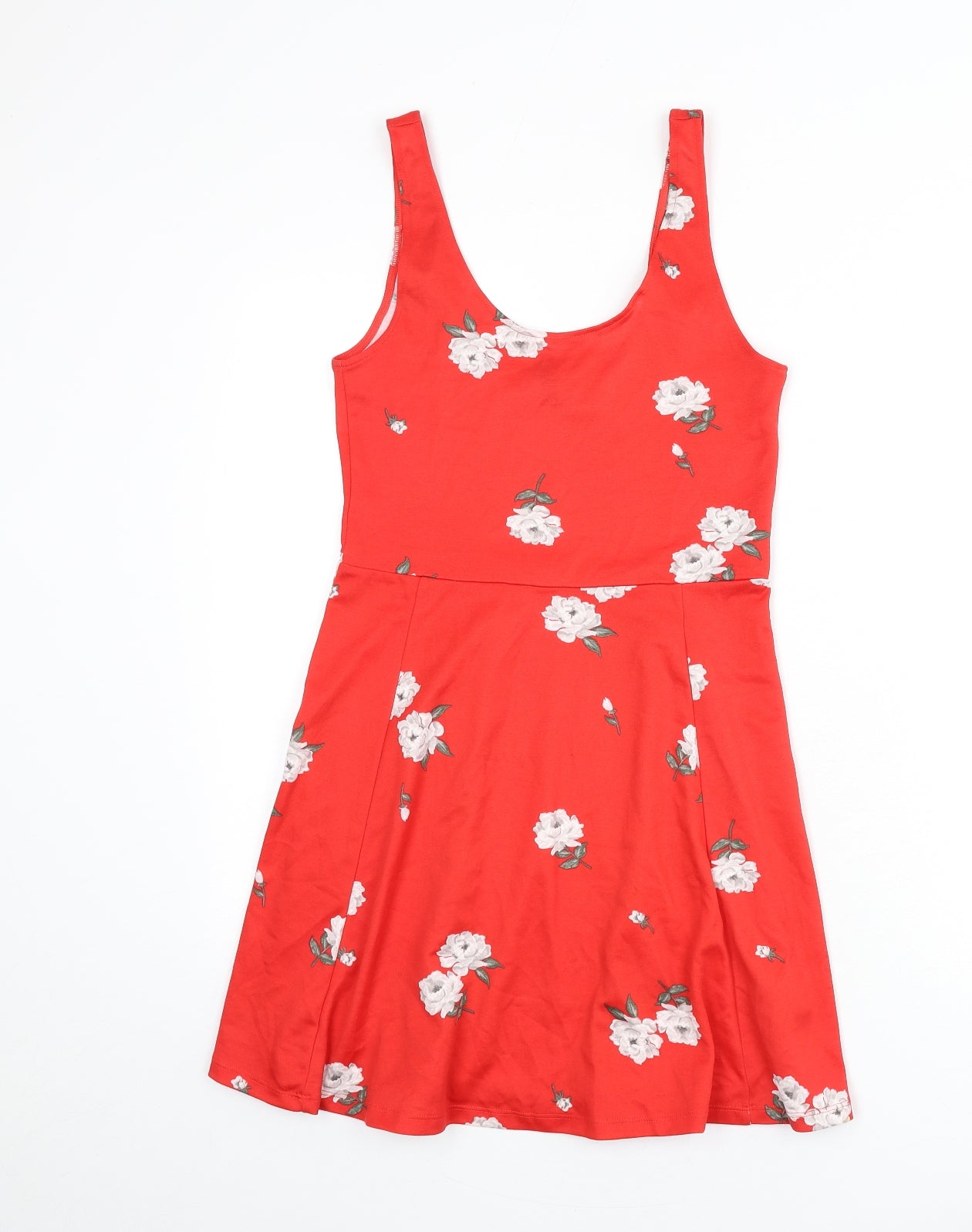 Divided by H&M Womens Red Floral Polyester Skater Dress Size 10 Scoop Neck Pullover