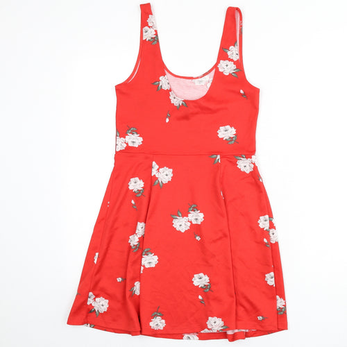 Divided by H&M Womens Red Floral Polyester Skater Dress Size 10 Scoop Neck Pullover