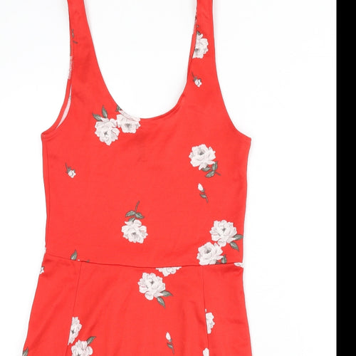 Divided by H&M Womens Red Floral Polyester Skater Dress Size 10 Scoop Neck Pullover